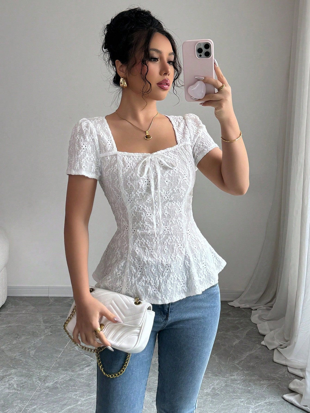Women's Lace Bow-Detail Square-Neck Top - product image 1