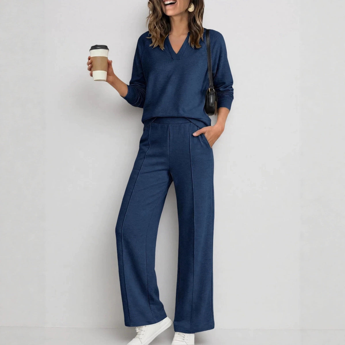 Women's Solid Color V-Neck Sweatshirt & Casual Trousers Set - product image 2