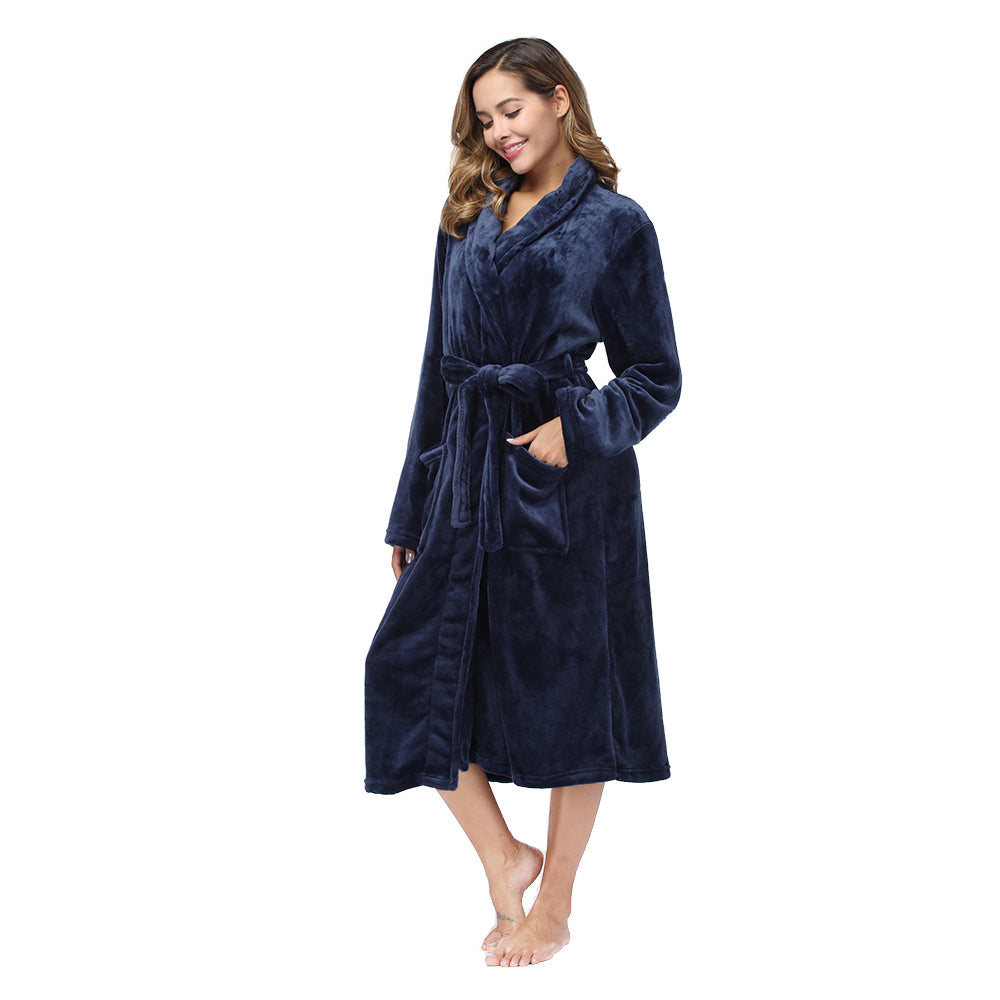 Women's Navy Blue Collared Flannel Robe - view 4