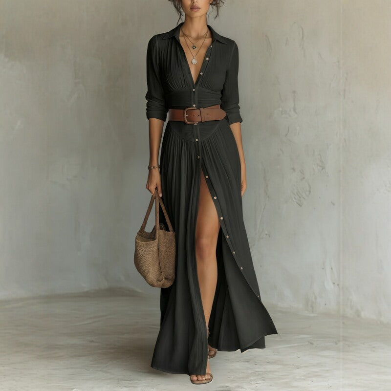 Black button-front maxi shirt dress with gathered waist styled with a brown belt