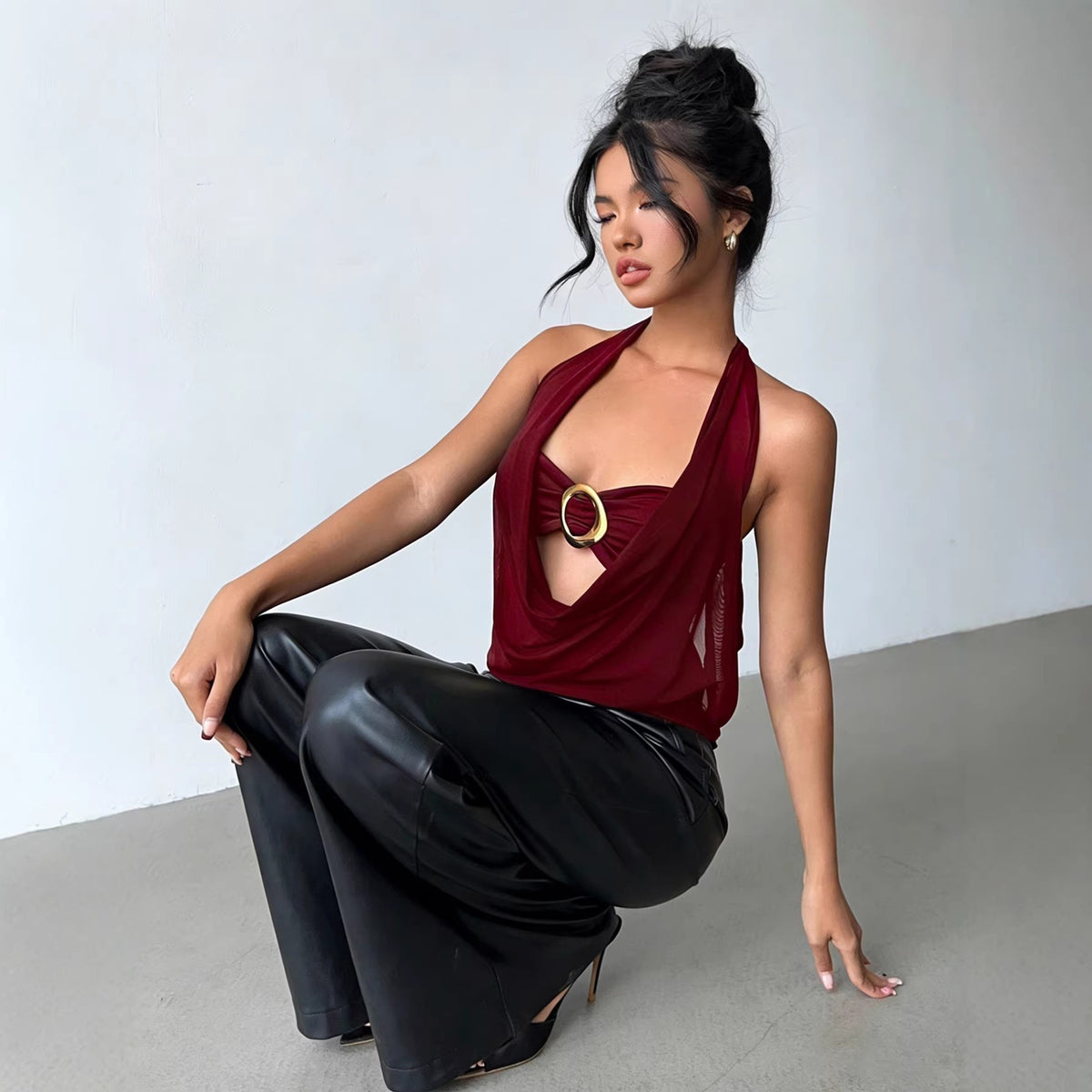Women's Wine Red Sheer Mesh Halter Top - product image 2
