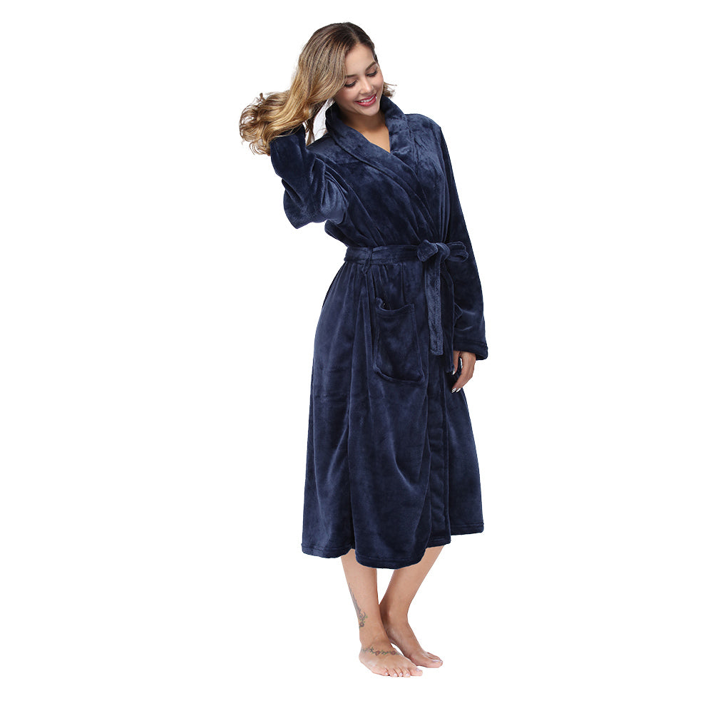 Women's Navy Blue Collared Flannel Robe
