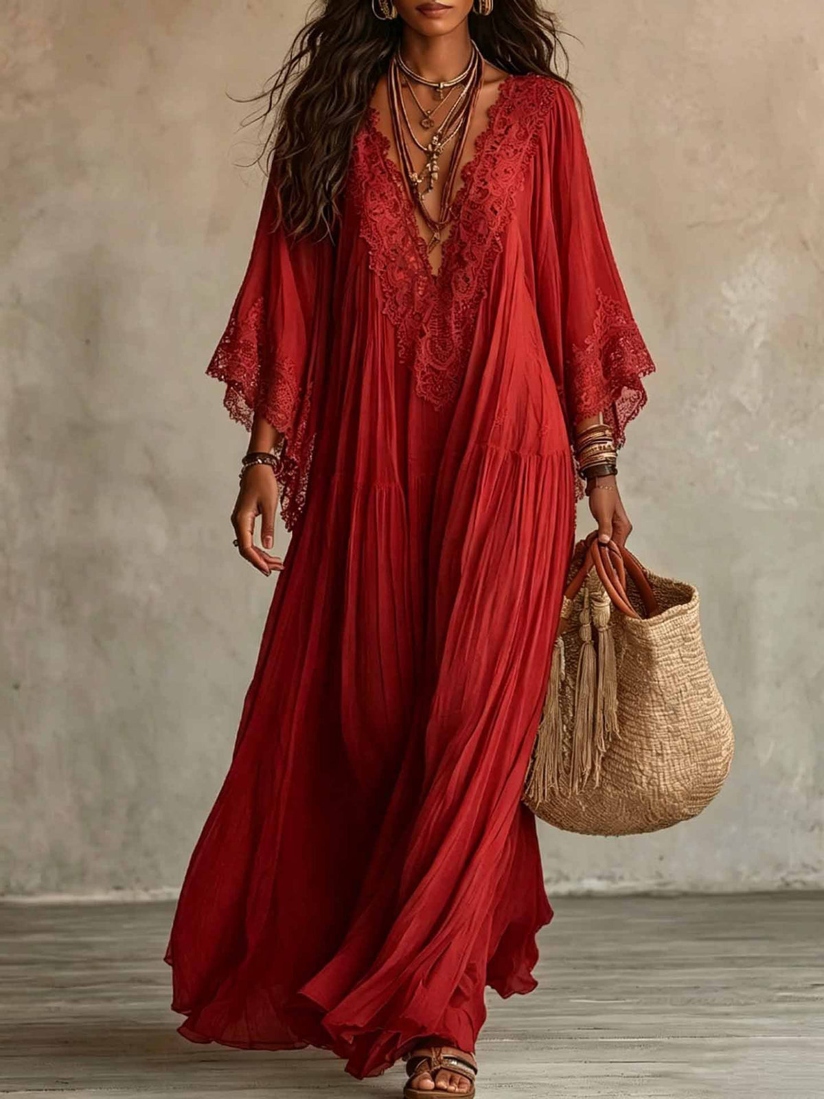 Women's Lace Trim V-Neck Flowy Maxi Dress - product image 4