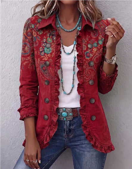 Red retro jacket with multicolored floral print and ruffled hem