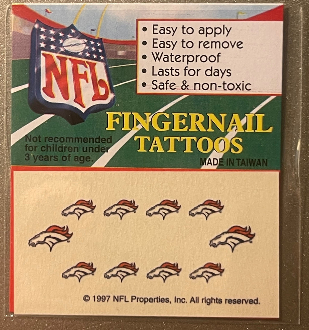 Vintage 1997 NFL Fingernail Tattoos Denver Broncos - Play By Play San Antonio TX Card ⚾