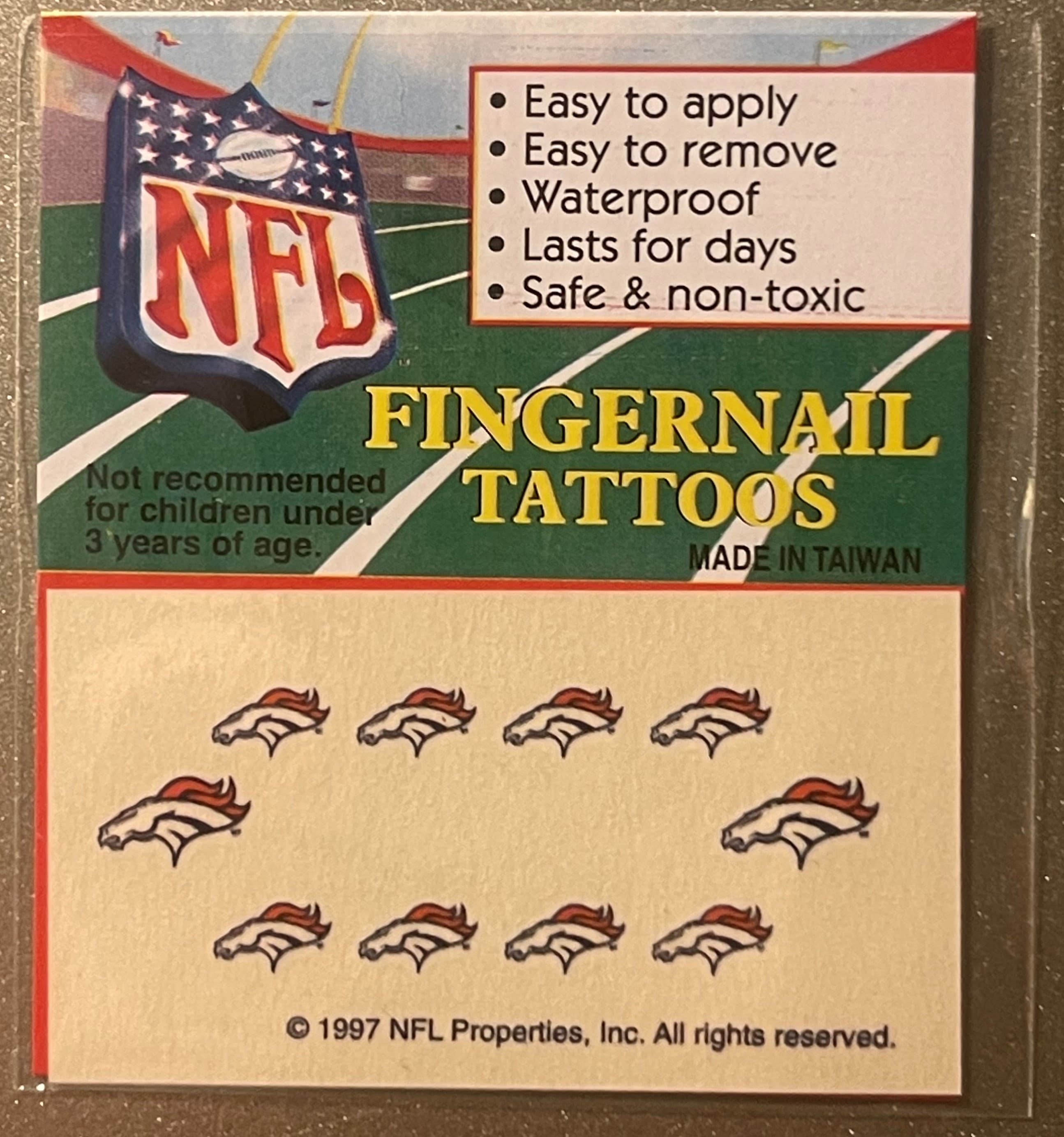 Vintage 1997 NFL Fingernail Tattoos Denver Broncos - Play By Play San Antonio TX Card ⚾