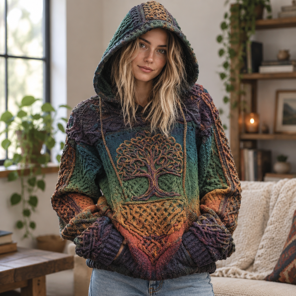 Model wearing it, casual indoor setting