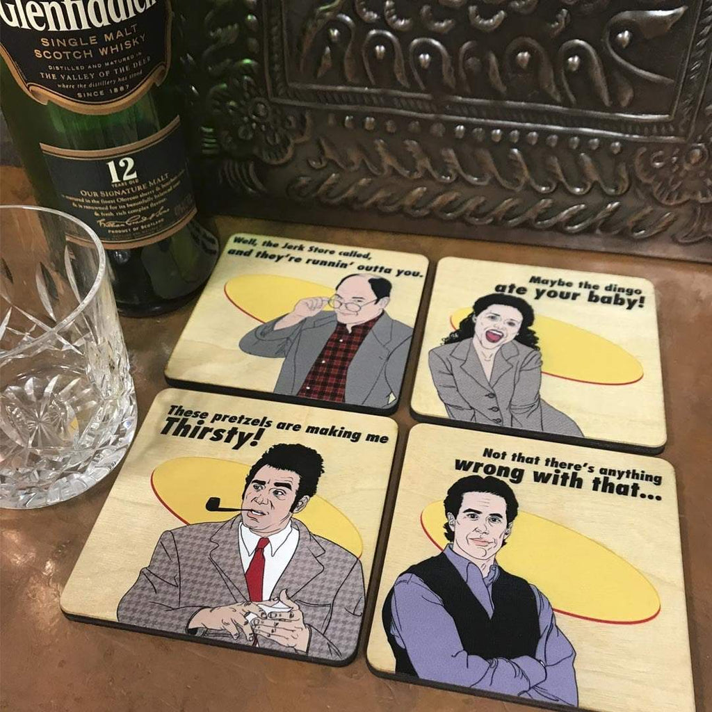 Set of 4 Seinfeld Inspired Wood Coasters, All Natural Wood Drink Coasters in Color