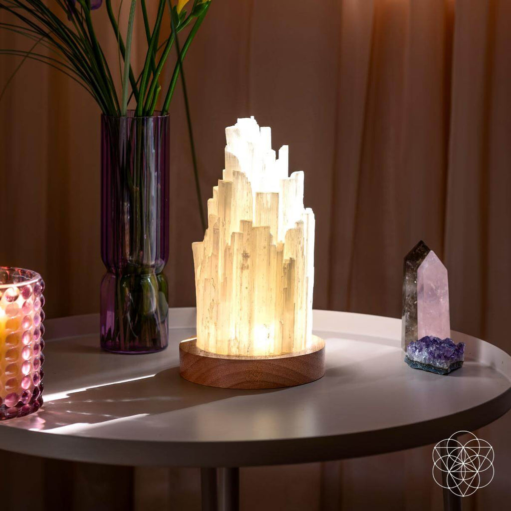 Selenite Crystal Lamp with Walnut Base
