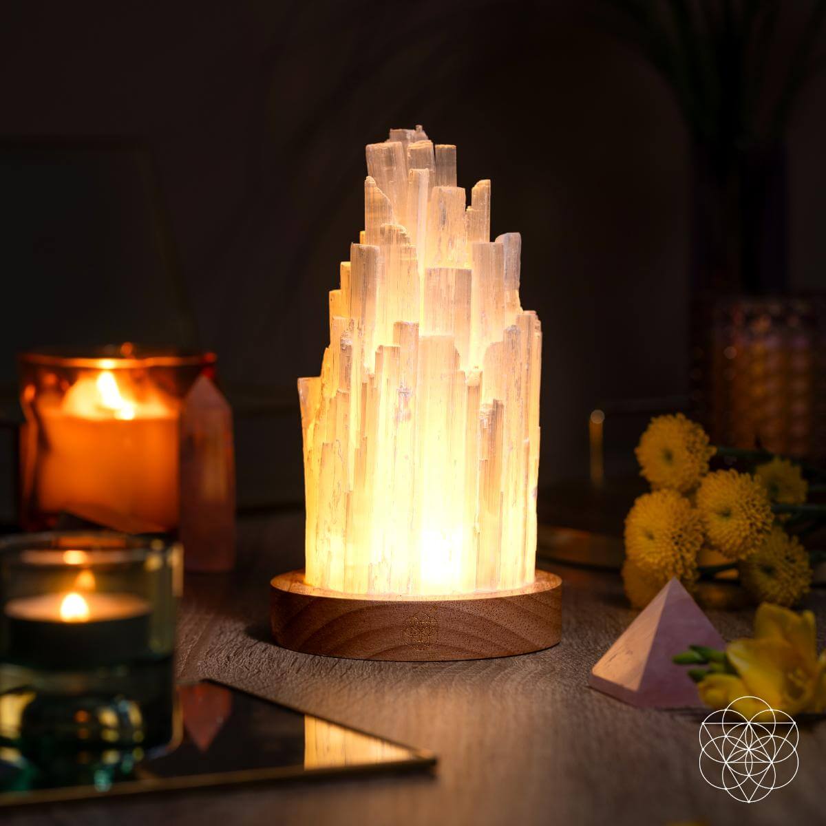 Selenite Crystal Lamp with Walnut Base