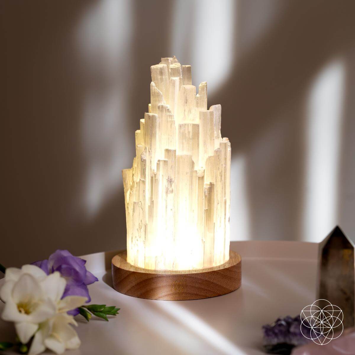 Selenite Crystal Lamp with Walnut Base