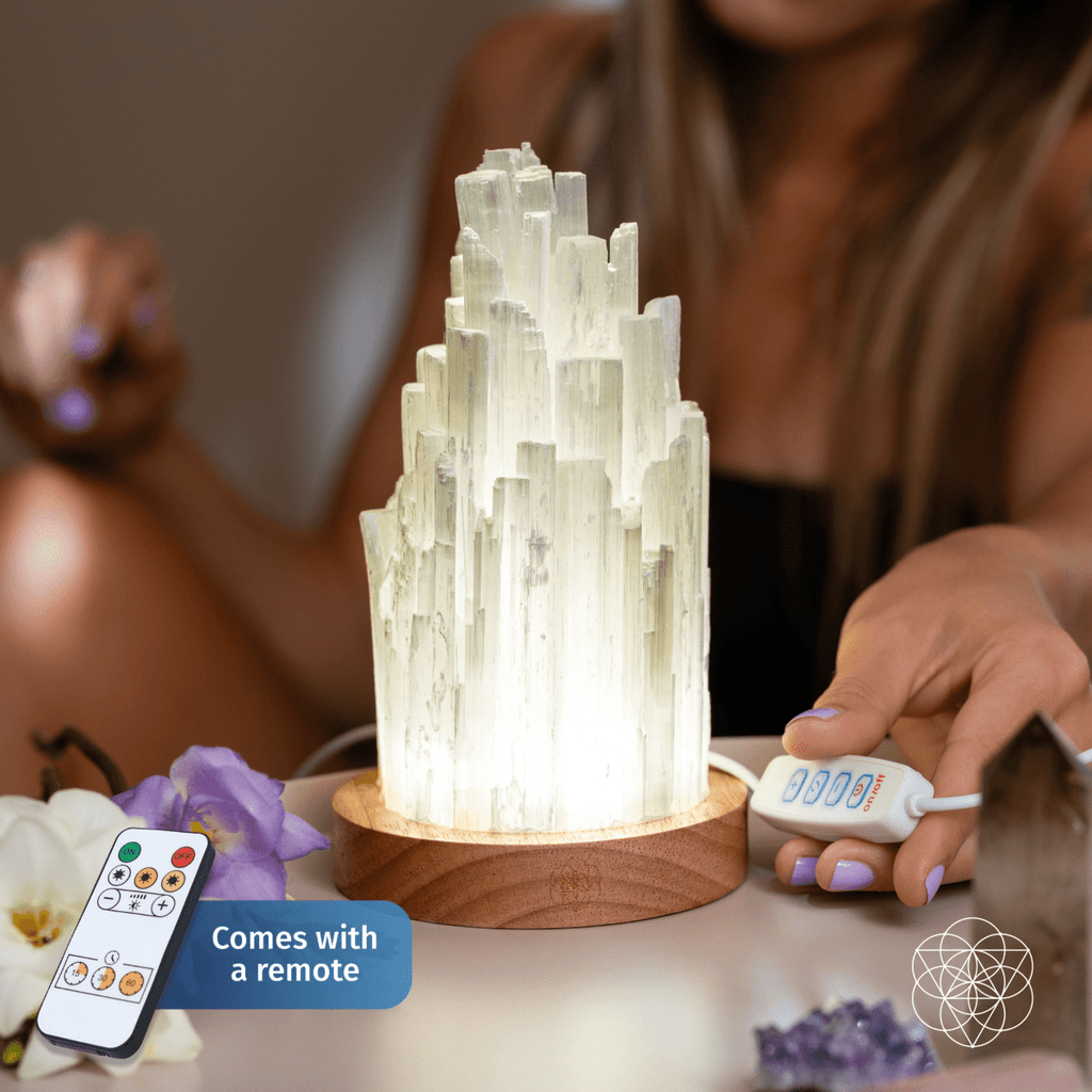 Selenite Crystal Lamp with Walnut Base