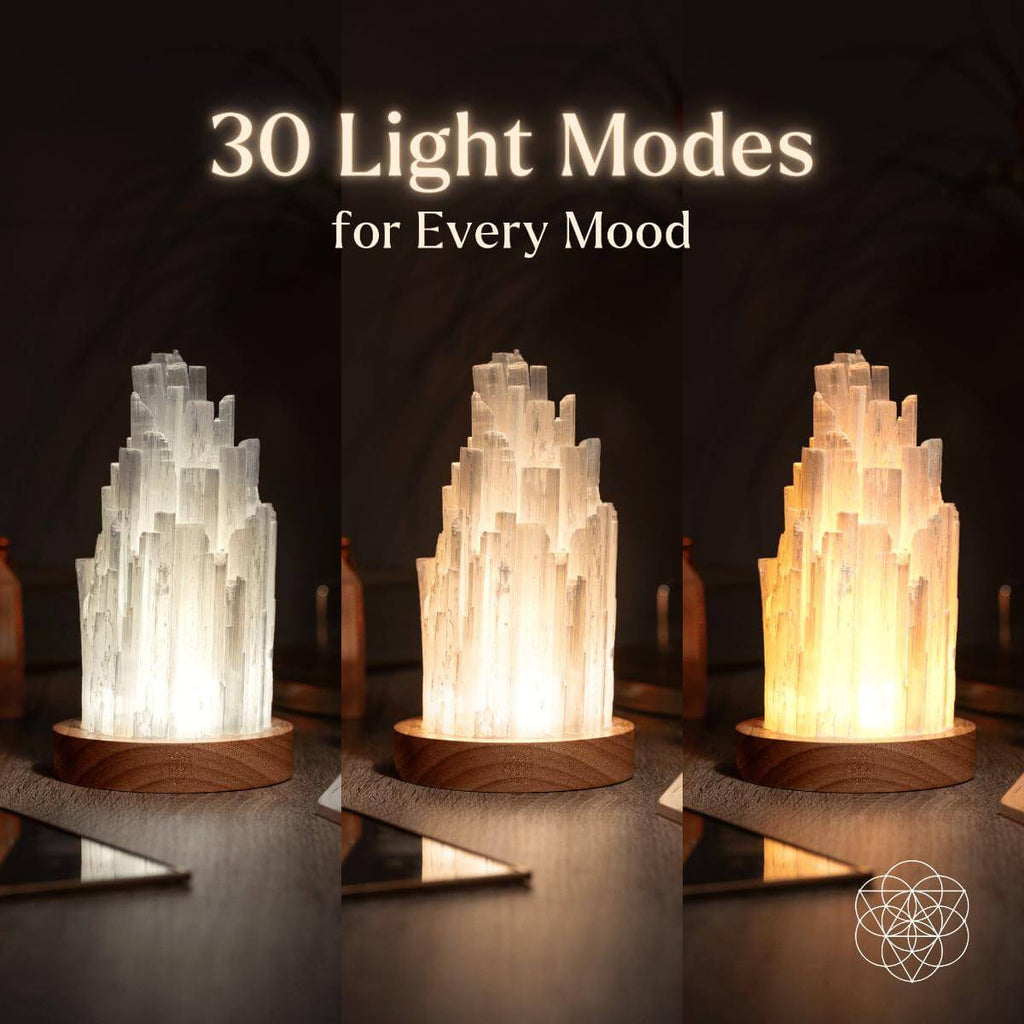 Selenite Crystal Lamp with Walnut Base